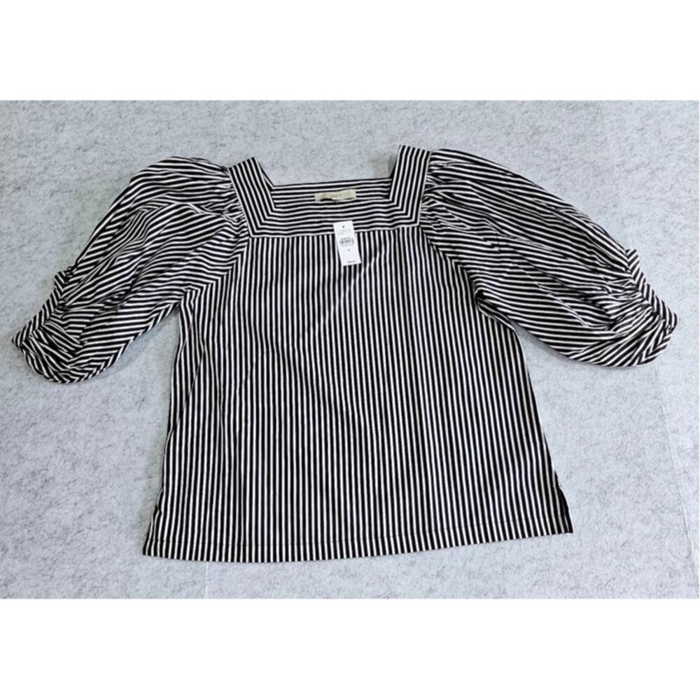 Loft Blouse Square-Neck Striped Puff Sleeve, Black & White, New w tags, Sz S